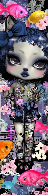 Free kawaii cats bookmark featuring a fish-themed cat with ribbon hair